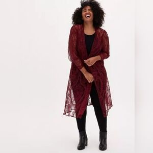 NEW! Torrid Dark Red Lace Long Sleeve Duster Kimono, NWT, Plus Size 2